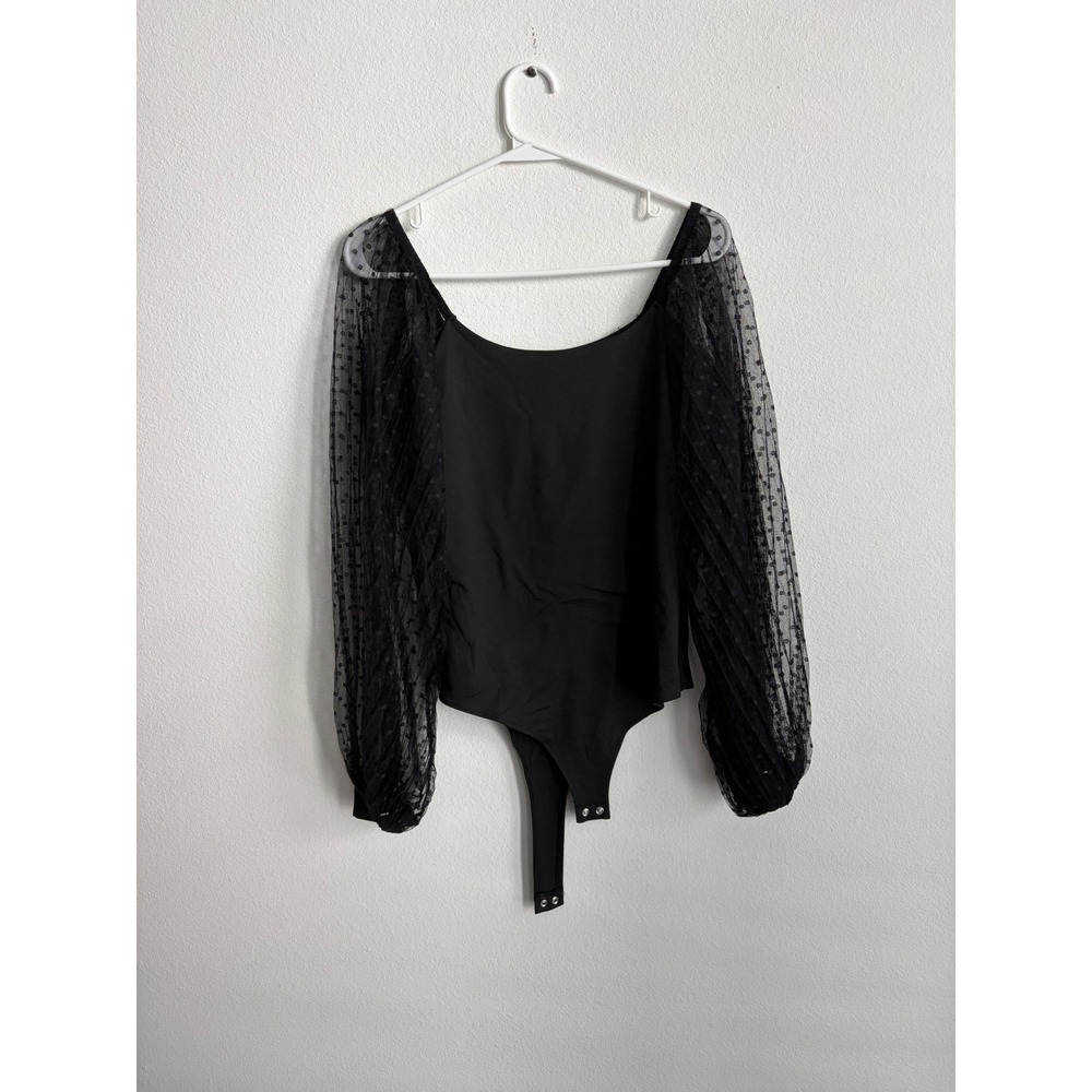 PinkmStyle Black Swiss Dot Sheer Mesh Balloon Sleeve Bodysuit Medium